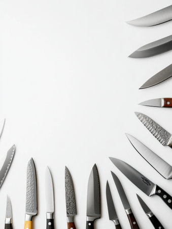 Various kitchen knives are meticulously arranged on a clean white background, highlighting their unique styles, functions, and craftsmanship.の素材