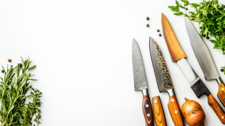 Various kitchen knives are neatly arranged on a white background, accompanied by fresh herbs and an onion, ideal for cooking tasks.の素材