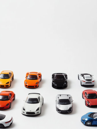 A collection of miniature car models in various colors is displayed neatly against a white background, allowing for creative text placement.の素材