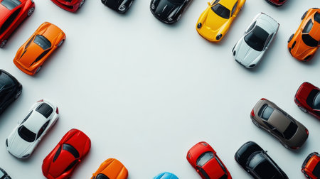 Various miniature car models are neatly arranged on a white background, showing an assortment of colors and styles with space for additional text.の素材