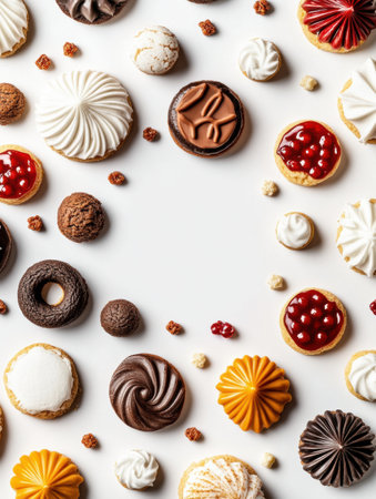 A vibrant array of cookies and sweets on a clean white background, showing diverse flavors and textures for any occasion.の素材