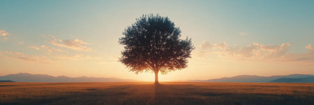 A solitary tree rises in an expansive field as the sun sets, casting warm light across the landscape and creating a peaceful atmosphere.の素材