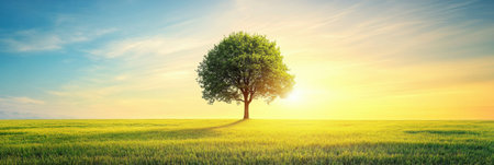 A solitary tree rises in an expansive field, bathed in the warm hues of sunset, providing a serene backdrop with ample space for text. Generative AIの素材