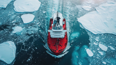 Powerful red icebreaker ship sails through icy waters, surrounded by magnificent glaciers and drifting ice in a polar setting. Generative AIの素材