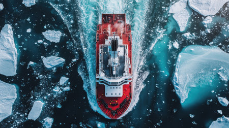 A robust icebreaker ship powers through frozen Arctic waters, surrounded by magnificent glaciers and drifting ice, showcasing its vital role. Generative AIの素材