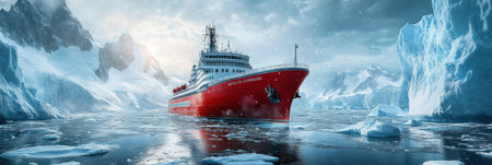 A powerful red icebreaker ship traverses icy polar waters, surrounded by towering glaciers under a dramatic sky. Generative AIの素材