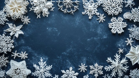 Delicate white paper snowflakes are arranged elegantly on a dark blue background, providing ample space for personalized messages or designs. Generative AIの素材