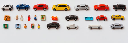 Bright assortment of children's toys scattered on a white surface, featuring cars, dolls, and blocks with a clear space for additional text.の素材