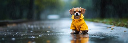 A small dog is sitting on a wet sidewalk wearing a bright yellow raincoat while light rain falls around. The atmosphere is calm and serene.の素材