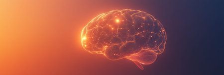 Glowing brain composed of tiny light points and lines showcases intricate connections, leaving room for added text or information elements.の素材