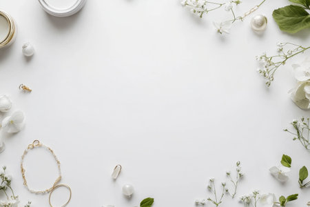 A serene arrangement of elegant jewelry items including bracelets, rings, and earrings surrounded by fresh flowers on a light background.の素材