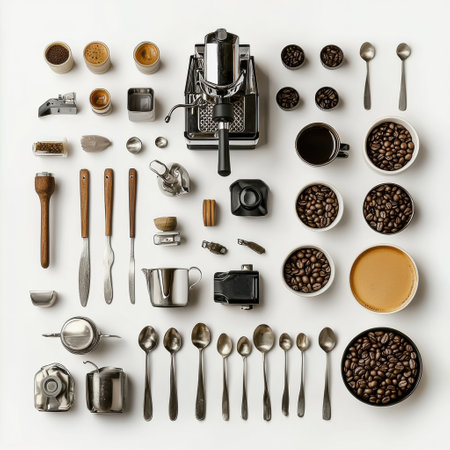 Flat lay arrangement showcases coffee beans, cups, spoons, and a coffee maker, offering space for text in a clean setting ideal for coffee lovers.の素材