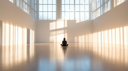 A lone person sits on the floor of a spacious gallery, surrounded by blank walls and sunlight streaming through large windows.の素材