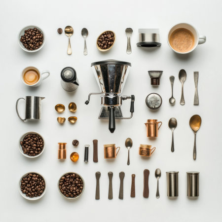 This flat lay showcases various coffee-related items, including beans, cups, and utensils, arranged neatly with blank space for additional text.の素材