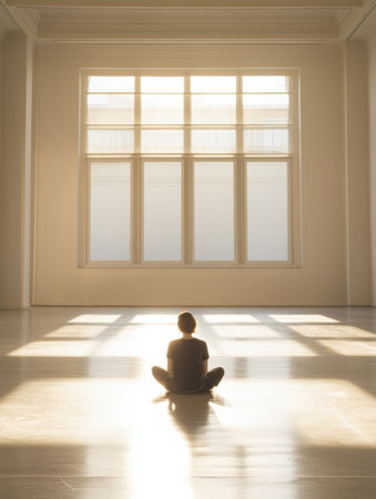 A person sits quietly on the floor in a vast, empty gallery, illuminated by sunlight streaming through large windows, creating a serene atmosphere.の素材