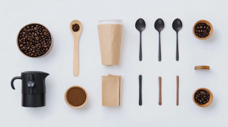 Coffee beans and tools are arranged neatly, showcasing cups, spoons, and a coffee maker, perfect for a brewing setup with ample copy space.の素材