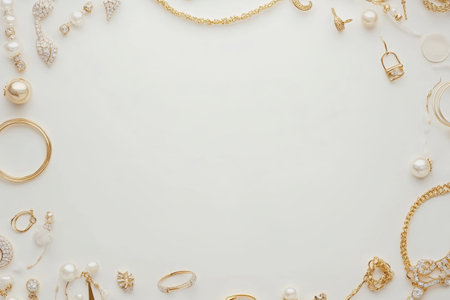 Delicate jewelry pieces are arranged in a flat lay, showcasing bracelets, rings, and earrings with clear space for text input.の素材