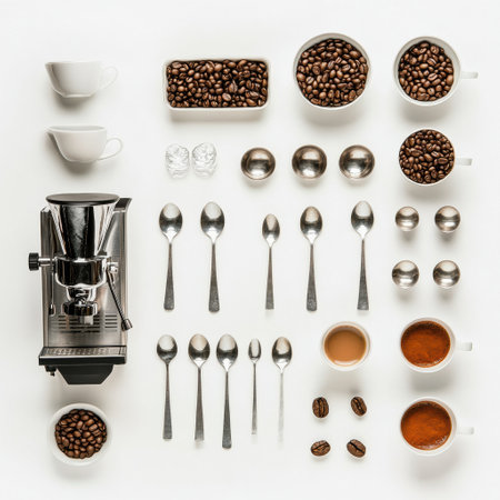 Coffee beans are elegantly arranged with cups, spoons, and a coffee maker, creating a serene coffee preparation atmosphere with room for text.の素材