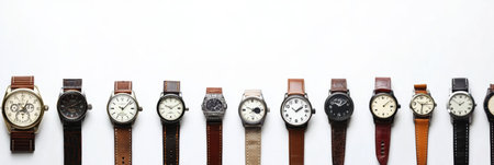 A diverse collection of wristwatches laid out neatly, featuring various designs and bands on a clean, bright surface.の素材