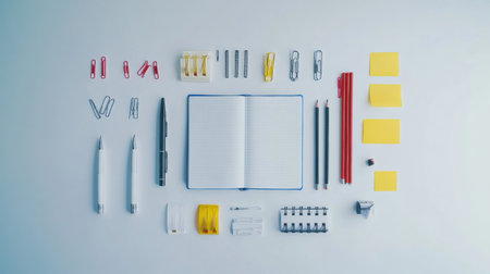 Colorful office supplies including pens, pencils, and sticky notes are neatly arranged around an empty notebook, perfect for ideas and tasks.の素材
