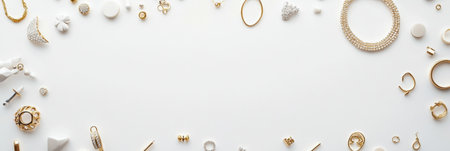 Delicate jewelry pieces including bracelets, rings, and earrings are artfully arranged on a clean surface, offering ample copy space.の素材
