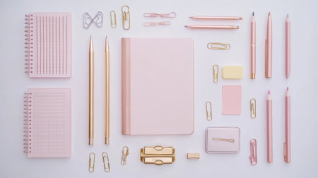 Various office supplies like pens, pencils, and sticky notes are neatly arranged on a white background, offering a minimalist design.の素材