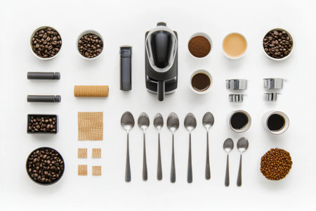 Explore a flat lay arrangement featuring coffee beans, cups, spoons, and a coffee maker, ideal for crafting the perfect brew at home.の素材