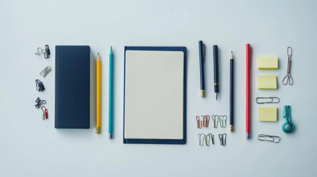 Various office supplies are neatly arranged with a notebook and ample copy space for notes or creative ideas, ideal for organization.の素材