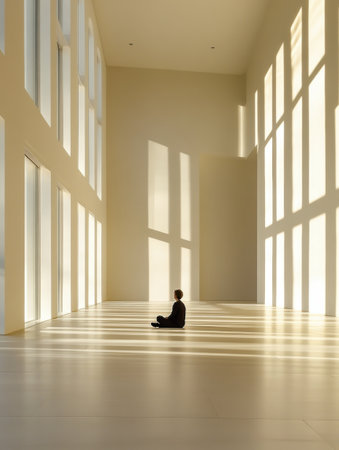 A person sits in quiet contemplation on the floor of a spacious gallery, illuminated by gentle sunlight pouring through tall windows.の素材