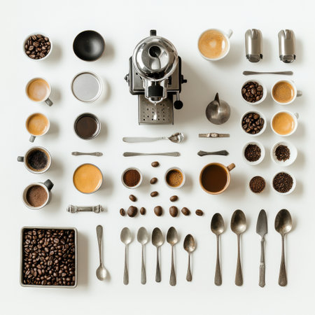 Flat lay arrangement showing coffee beans, various cups, and spoons around a coffee maker, perfect for beverage-related designs.の素材