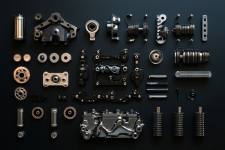 A detailed layout displaying car engine components like pistons, gears, belts, and valves. The arrangement offers ample space for text inclusion.の素材