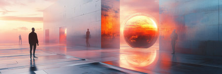 Visitors engage with immersive virtual artworks in a digital gallery, surrounded by stunning reflections and glowing spheres at sunset.の素材