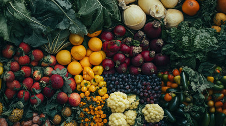 Brightly colored fruits and vegetables are displayed at a bustling farmers market, emphasizing fresh, local produce and community engagement.の素材