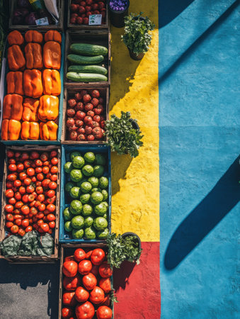 Colorful displays of fresh vegetables and fruits fill the stalls at a lively farmers' market, creating a cheerful atmosphere under the sun.の素材