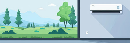 Air conditioner is installed on the wall next to an open window, providing a view of trees and mountains in a bright environment.の素材