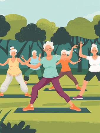Group of elderly people engaging in a fitness class guided by an instructor in a green park on a sunny day, promoting health and wellness.の素材