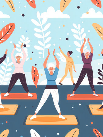 Participants enjoy fitness and yoga under an instructors guidance in a vibrant outdoor space surrounded by nature.の素材