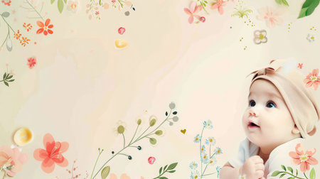 A collection showcases adorable children in playful poses, surrounded by pretty flowers and inspiring designs over time.の素材