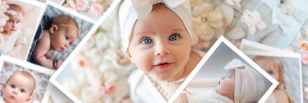 A charming baby photo album displays joyful infants and children in various sweet poses, reflecting love and innocence throughout the years.の素材