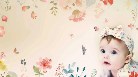 A beautiful baby photo album showcases delightful pictures of smiling infants and playful children surrounded by colorful floral designs.の素材