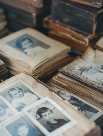 Old baby photo albums reveal heartwarming moments of infants and children, showing their smiles and milestones through the years.の素材