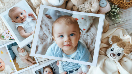 A collection of cherished childhood memories displayed in a colorful baby photo album, showing smiling faces of infants and toddlers.の素材