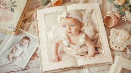 A baby photo album features delightful pictures of infants and children, highlighting their innocence and playful charm throughout different stages.の素材