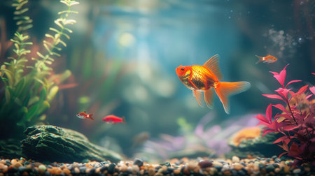 Brightly colored aquarium fish explore an underwater landscape rich with plants and rocks, creating a tranquil aquatic environment.の素材