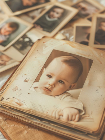 A vintage baby photo album displays touching moments of infants and children, showcasing a blend of nostalgia and love.の素材