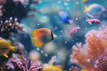 Aquarium fish glide gracefully through a lively underwater world, surrounded by colorful coral and a flurry of bubbles throughout the scene.の素材