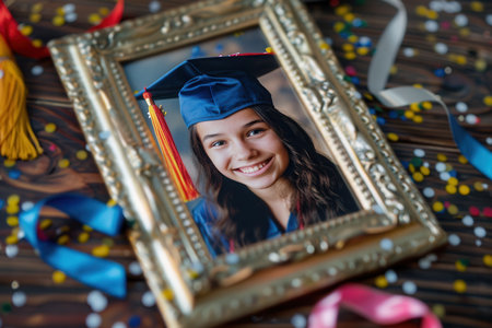 A framed portrait of a advancing student proudly displaying a joyful smile set against a backdrop of colorful confetti and school supplies.の素材