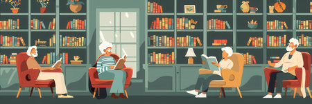 In a warm library, seniors are absorbed in their books and study materials while seated comfortably in cozy armchairs.の素材