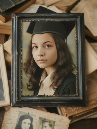 Portrait of a graduate in a frame, surrounded by vintage school items, symbolizing achievement and scholarly success.の素材