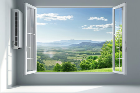 Air conditioner is installed on the wall adjacent to an open window showing a beautiful green landscape under a clear blue sky.の素材